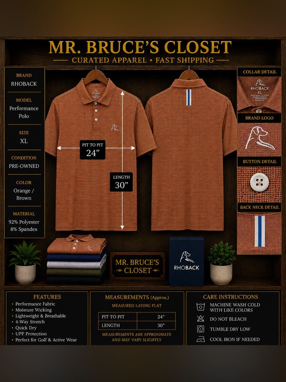 Rhoback Orange Brown Performance Polo - Men's Short Sleeve
